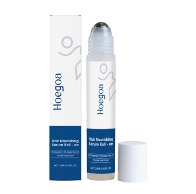 Hoegoa hair nourishing serum roll-on with packaging on a white background