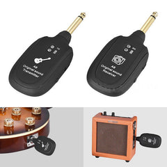 Wireless guitar transmitting and receiving system with amplifier on a white background