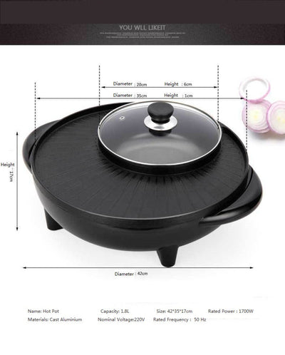 Hot pot with dimensions and specifications on a white background