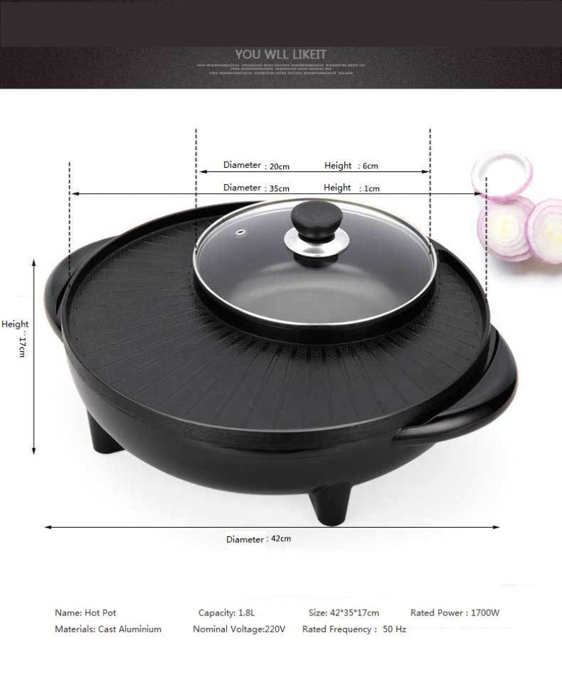 Hot pot with dimensions and specifications on a white background