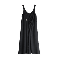 Black sleeveless dress with a round neckline on a white background