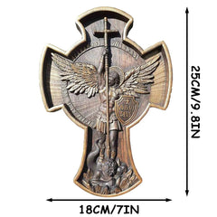 Decorative cross with angel and shield design, featuring dimensions on a white background.