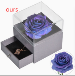 Gray jewelry box with a purple rose and necklace, labeled 'ours'.