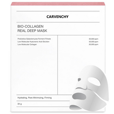 Carvenchy Bio-Collagen Real Deep Mask packaging with a white mask on a white background