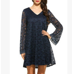 Navy lace dress with long sleeves on a white background