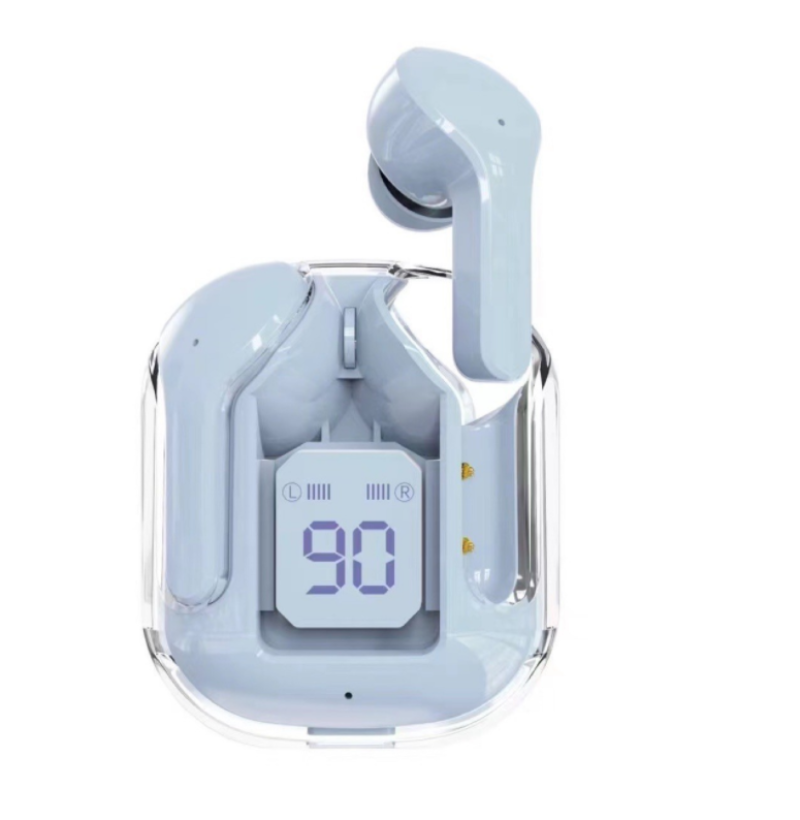 Wireless earbuds with charging case displaying battery percentage on a white background