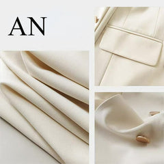 A collage showing a cream-colored fabric close-up, a matching garment detail with a flap pocket, and a cuff with small gold-tone buttons. The top left corner includes the text 'AN' on a light background.