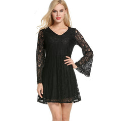 Black lace dress worn by a model on a white background