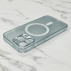 Clear phone case with magnetic charging pad on a marble surface