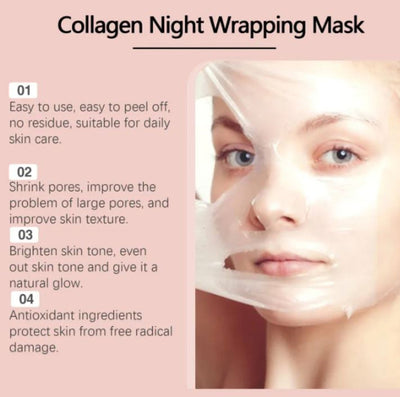 Collagen night wrapping mask with a woman's face wearing it, and text highlighting benefits on a pink background.