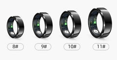 Four black smartwatches with different size labels on a white background