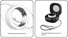 Two-panel product feature graphic showing a small round white and black accessory with a hanging cord. Left panel shows water droplets and text reading 'IPX8 dustproof and waterproof.