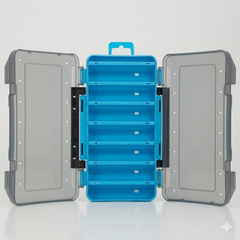Blue fishing box with gray lids on a white background
