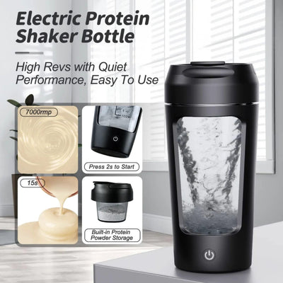 Black electric protein shaker bottle with features highlighted on a neutral background