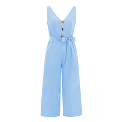 Light blue jumpsuit with button details on a white background