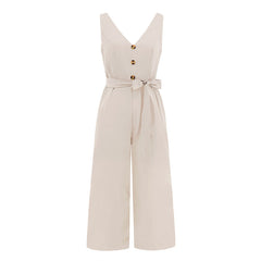 Beige jumpsuit with a belt on a white background