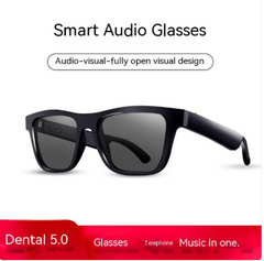 Black smart audio glasses with text on a white background