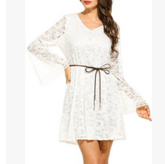 White lace dress with a brown belt on a white background