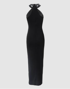 A sleeveless black halter-neck maxi dress with a structured, fitted silhouette and a beaded embellished collar, shown against a solid light gray background.