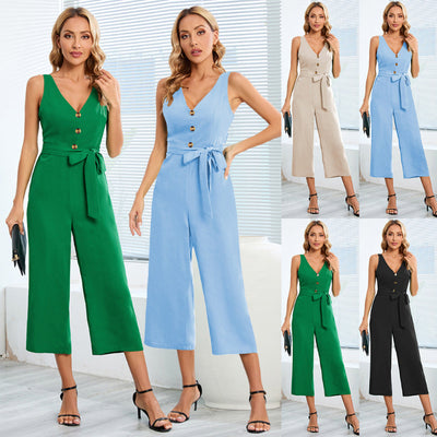 Woman modeling a green and blue jumpsuit in a collage format.